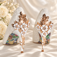Load image into Gallery viewer, Ellora White Glitter Wedding Shoes – Cherry Blossom Bridal Heels
