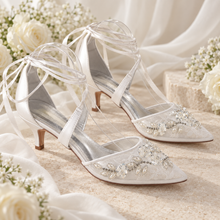 Load image into Gallery viewer, Fern Pointed Lace Bridal Heels – Beaded 6 cm Wedding Shoes
