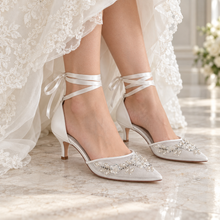 Load image into Gallery viewer, Fern Pointed Lace Bridal Heels – Beaded 6 cm Wedding Shoes
