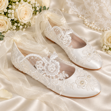 Load image into Gallery viewer, Lace Bridal Ballet Flats with Organza Ankle Ribbons
