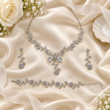 Load image into Gallery viewer, Floral Cubic Zirconia Bridal Jewellery Set – Necklace, Earrings &amp; Bracelet
