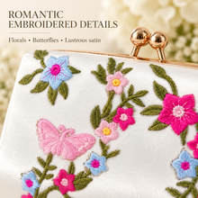 Load image into Gallery viewer, Floral Embroidered Satin Clutch Bag – Handmade Bridal Wedding Purse

