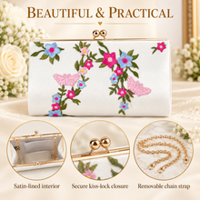 Load image into Gallery viewer, Floral Embroidered Satin Clutch Bag – Handmade Bridal Wedding Purse
