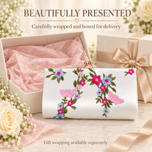 Load image into Gallery viewer, Floral Embroidered Satin Clutch Bag – Handmade Bridal Wedding Purse
