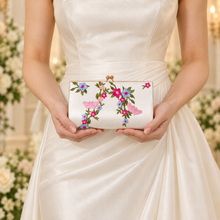 Load image into Gallery viewer, Floral Embroidered Satin Clutch Bag – Handmade Bridal Wedding Purse
