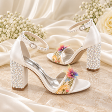 Load image into Gallery viewer, Floral Embroidered Bridal Sandals with Silk Butterflies | 8 cm Block Heel
