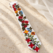 Load image into Gallery viewer, Wildflower Wedding Tie – White Satin Necktie with Red, Gold &amp; Blue Floral Embroidery
