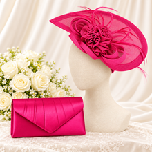 Load image into Gallery viewer, Fuchsia Pointed Fascinator and Satin Clutch Bag Set
