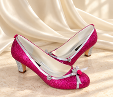 Load image into Gallery viewer, Aurora Inspired Bridal Block Heels | Pink Glitter &amp; Ribbon Roses
