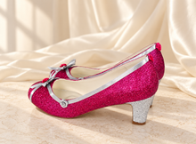 Load image into Gallery viewer, Aurora Inspired Bridal Block Heels | Pink Glitter &amp; Ribbon Roses
