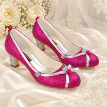 Load image into Gallery viewer, Aurora Inspired Bridal Block Heels | Pink Glitter &amp; Ribbon Roses
