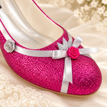 Load image into Gallery viewer, Aurora Inspired Bridal Block Heels | Pink Glitter &amp; Ribbon Roses
