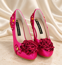 Load image into Gallery viewer, Aurora Inspired Bridal Heels | Hot Pink Satin Wedding Shoes
