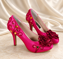 Load image into Gallery viewer, Aurora Inspired Bridal Heels | Hot Pink Satin Wedding Shoes
