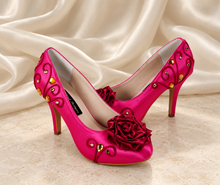 Load image into Gallery viewer, Aurora Inspired Bridal Heels | Hot Pink Satin Wedding Shoes
