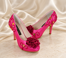 Load image into Gallery viewer, Aurora Inspired Bridal Heels | Hot Pink Satin Wedding Shoes
