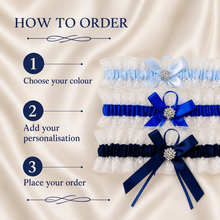 Load image into Gallery viewer, Blue Garter Something Blue Garter French Blue Wedding Custom Wedding Garters Personalise Wedding Garter Gift for Bride Bridal Shower Hen Do
