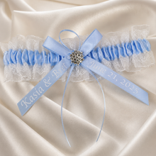 Load image into Gallery viewer, Blue Garter Something Blue Garter French Blue Wedding Custom Wedding Garters Personalise Wedding Garter Gift for Bride Bridal Shower Hen Do
