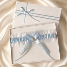 Load image into Gallery viewer, Blue Garter Something Blue Garter French Blue Wedding Custom Wedding Garters Personalise Wedding Garter Gift for Bride Bridal Shower Hen Do
