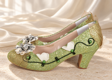 Load image into Gallery viewer, Tiana Inspired Bridal Block Heels | Green Glitter &amp; Golden Leaves
