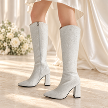 Load image into Gallery viewer, Glitter Knee-High Bridal Boots with Block Heels
