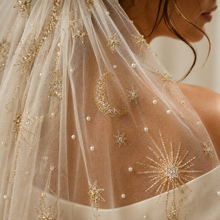 Load image into Gallery viewer, Celeste Gold Celestial Wedding Veil or Bridal Cape – Pearl &amp; Glitter Star Tulle
