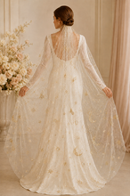 Load image into Gallery viewer, Celeste Gold Celestial Wedding Veil or Bridal Cape – Pearl &amp; Glitter Star Tulle
