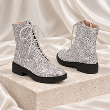 Load image into Gallery viewer, Glitter Bridal Combat Boots – Alternative Flat Wedding Boots
