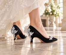 Load image into Gallery viewer, Glitter Kitten Heel Wedding Shoes with Cherry Blossom | 6 cm

