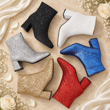 Load image into Gallery viewer, Glitter Bridal Boots – Sparkling Block Heel Wedding Ankle Boots

