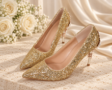 Load image into Gallery viewer, Ellora Gold Cherry Blossom Bridal Shoes – Glitter Wedding Heels
