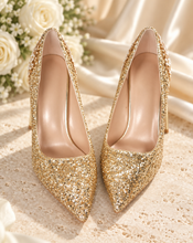 Load image into Gallery viewer, Ellora Gold Cherry Blossom Bridal Shoes – Glitter Wedding Heels

