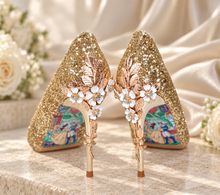 Load image into Gallery viewer, Ellora Gold Cherry Blossom Bridal Shoes – Glitter Wedding Heels
