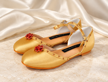 Load image into Gallery viewer, Belle Inspired Gold Bridal Flats | Crystal Rose Wedding Shoes
