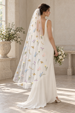 Load image into Gallery viewer, Gold Bee &amp; Pastel Wildflower Embroidered Wedding Veil with Silver Comb
