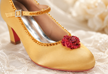 Load image into Gallery viewer, Belle Inspired Gold Bridal Shoes | Red Crystal Rose Block Heels
