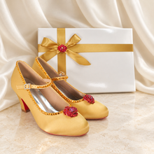 Load image into Gallery viewer, Belle Inspired Gold Bridal Shoes | Red Crystal Rose Block Heels
