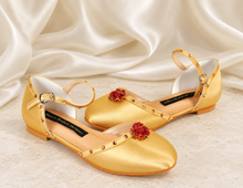 Load image into Gallery viewer, Belle Inspired Gold Bridal Shoes | Red Crystal Rose Block Heels
