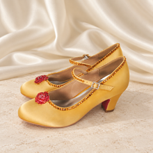 Load image into Gallery viewer, Belle Inspired Gold Bridal Shoes | Red Crystal Rose Block Heels
