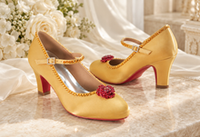 Load image into Gallery viewer, Belle Inspired Gold Bridal Shoes | Red Crystal Rose Block Heels
