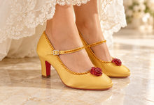 Load image into Gallery viewer, Belle Inspired Gold Bridal Shoes | Red Crystal Rose Block Heels
