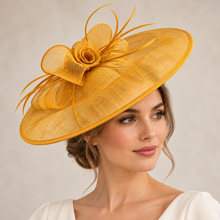 Load image into Gallery viewer, Mustard Yellow Large Oval Sinamay Fascinator – Final Clearance
