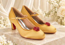 Load image into Gallery viewer, Belle Inspired Gold Bridal Shoes | Red Crystal Rose Block Heels
