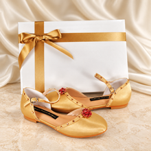 Load image into Gallery viewer, Belle Inspired Gold Bridal Flats | Crystal Rose Wedding Shoes

