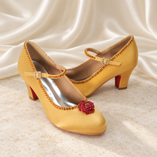 Load image into Gallery viewer, Belle Inspired Gold Bridal Shoes | Red Crystal Rose Block Heels
