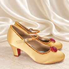 Load image into Gallery viewer, Belle Inspired Gold Bridal Shoes | Red Crystal Rose Block Heels
