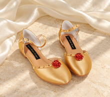 Load image into Gallery viewer, Belle Inspired Gold Bridal Flats | Crystal Rose Wedding Shoes
