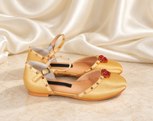 Load image into Gallery viewer, Belle Inspired Gold Bridal Flats | Crystal Rose Wedding Shoes
