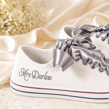 Load image into Gallery viewer, Personalised Wedding Shoe Iron-On Transfers – Custom Vinyl Decals for Canvas Bridal Trainers
