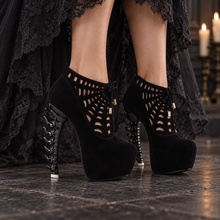 Load image into Gallery viewer, Hallow Black Spiderweb Platform Boots | Skeletal Heel
